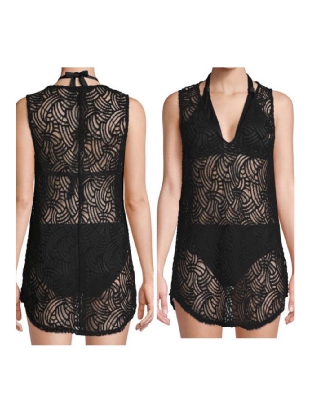 BCBGMaxAzria Black Swim Coverup Sheer Mesh Lace Crochet Large - Picture 1 of 6